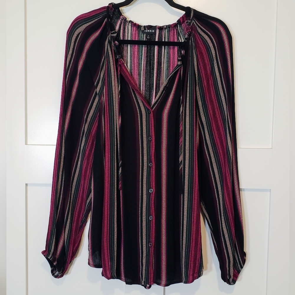 Torrid Button Down Tunic Top Ruffled Neck & Tie Vertical Stripes Sz 2X Burgundy